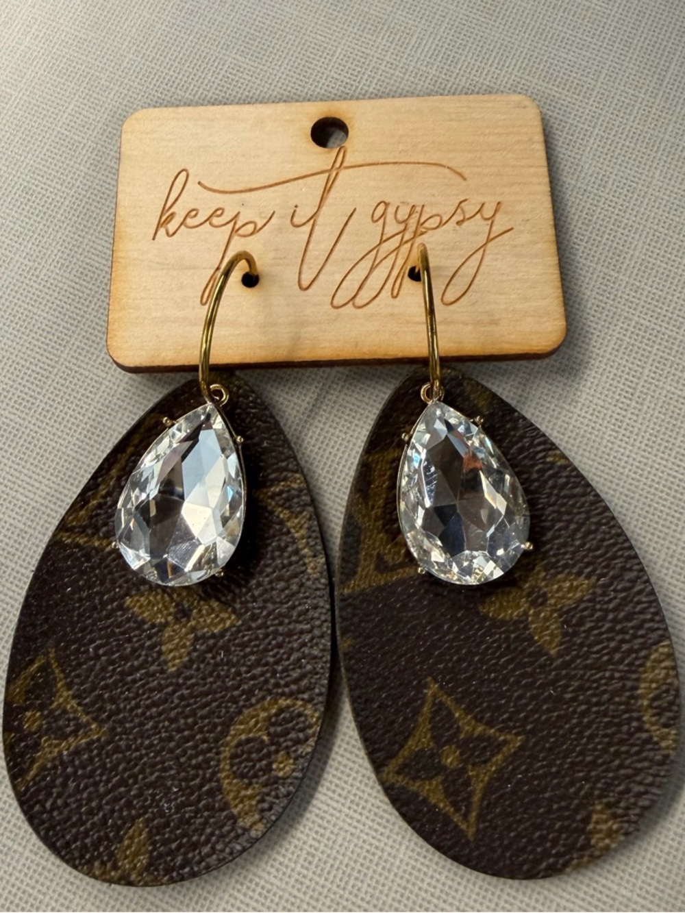 Louis Vuitton Brown Monogram Teardrop Earrings with Clear Crystal